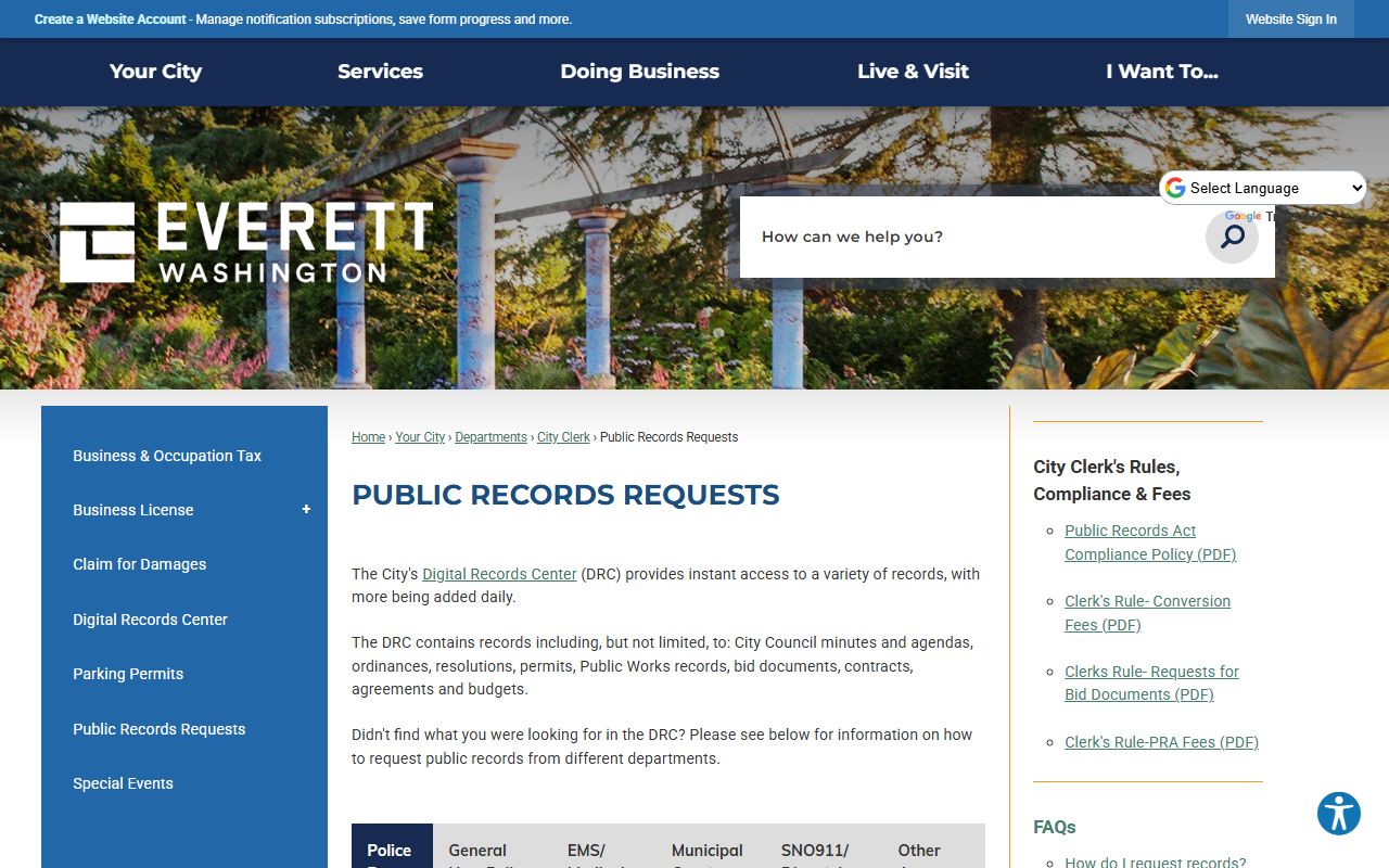 Everett City Clerk office which handles public records requests for city documents