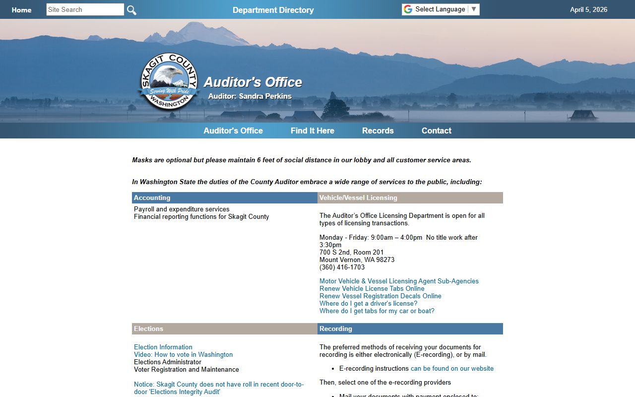 Skagit County Auditor office website for Mount Vernon death records research