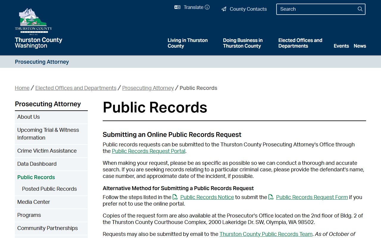 Thurston County public records portal for Tumwater death records access