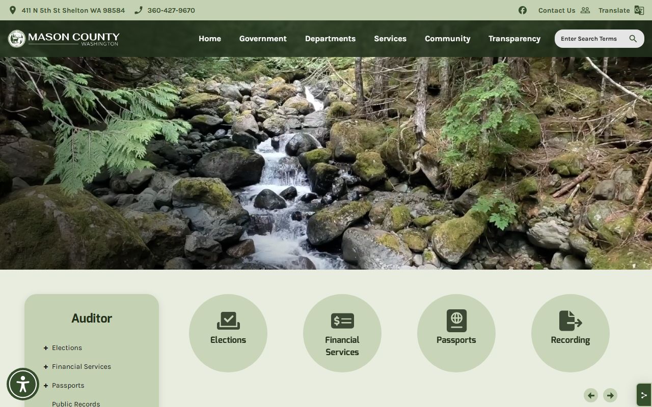 Mason County Auditor office website showing records and services for death index research