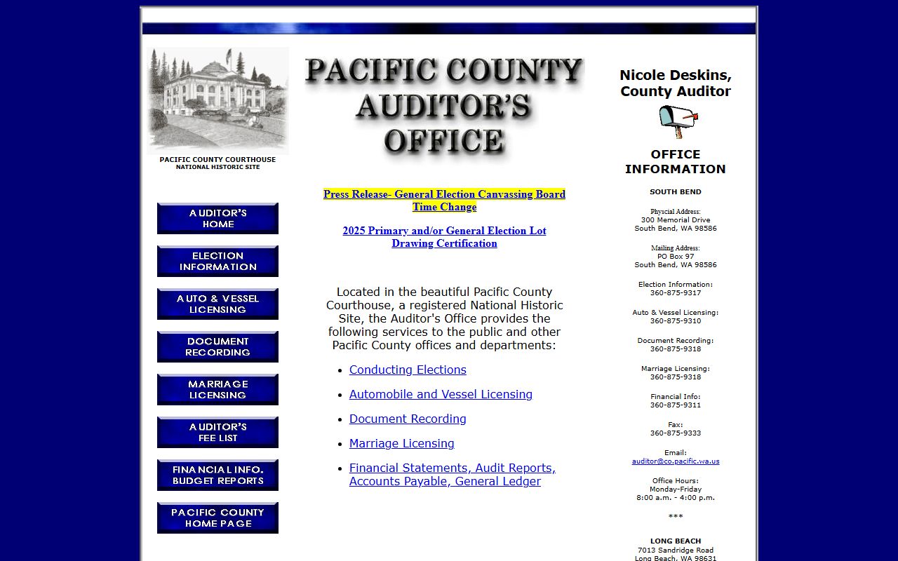 Pacific County Auditor office website for death records and historical vital records