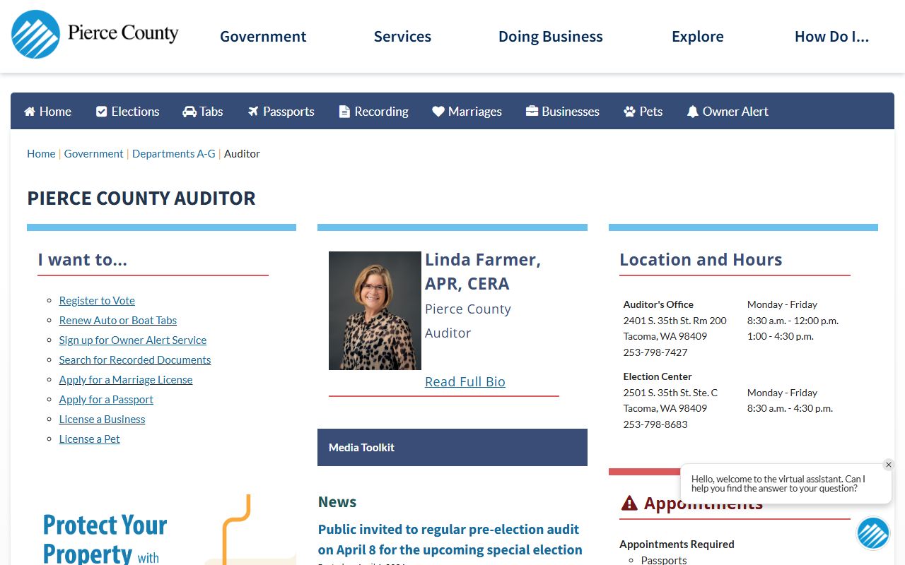 Pierce County Auditor website with records information and historical death register access