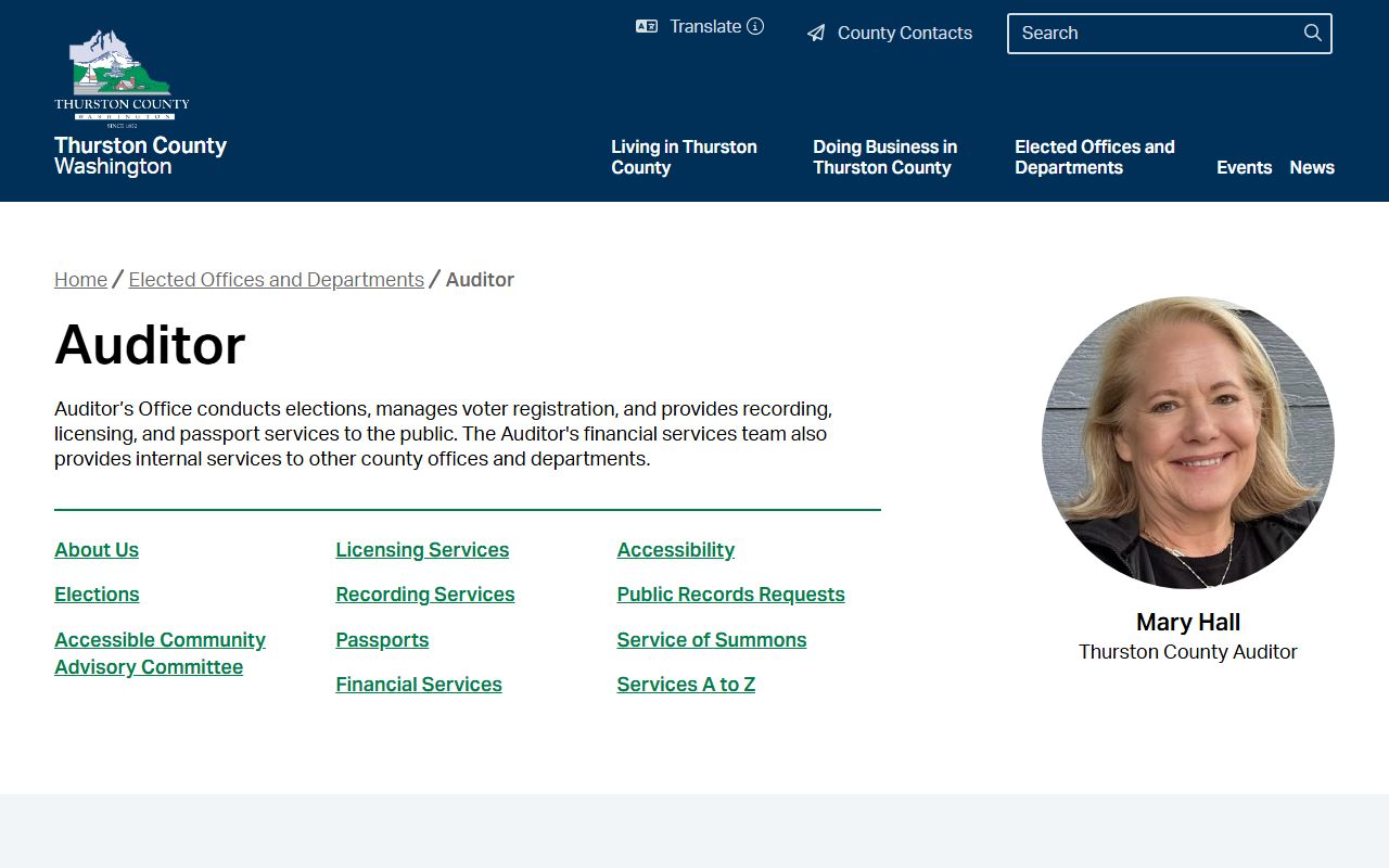 Thurston County Auditor's office website showing county records and vital records guidance