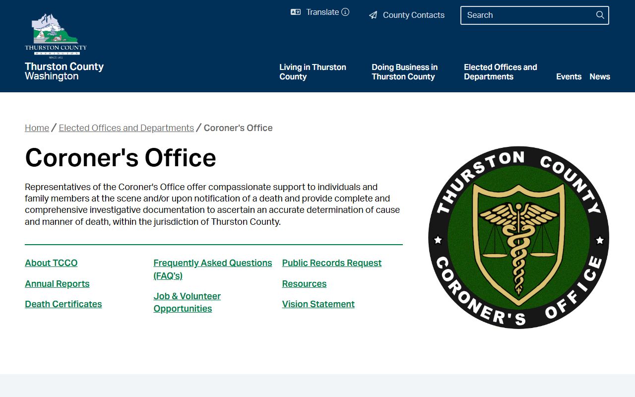 Thurston County Coroner's office website with death investigation records information