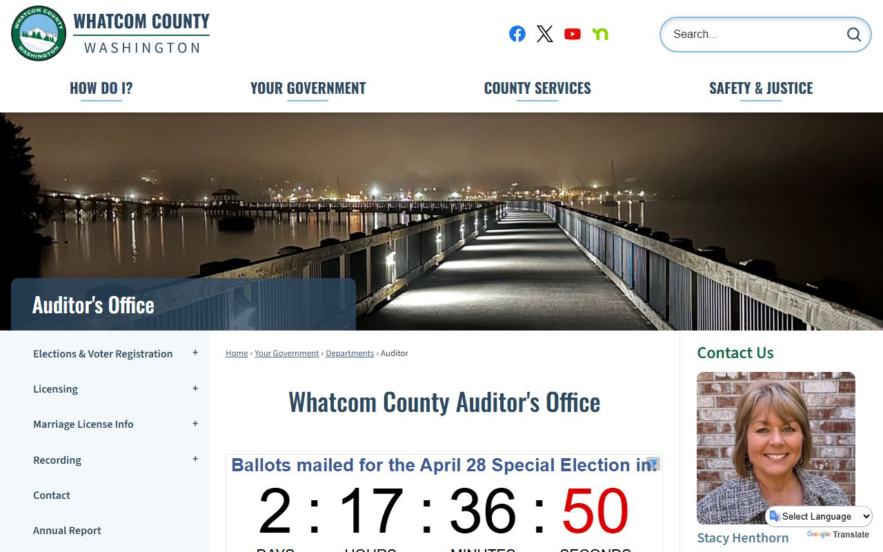 Whatcom County Auditor's office website in Bellingham showing county records services