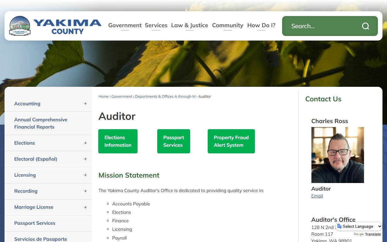 Yakima County Auditor's office website showing county records and vital records services