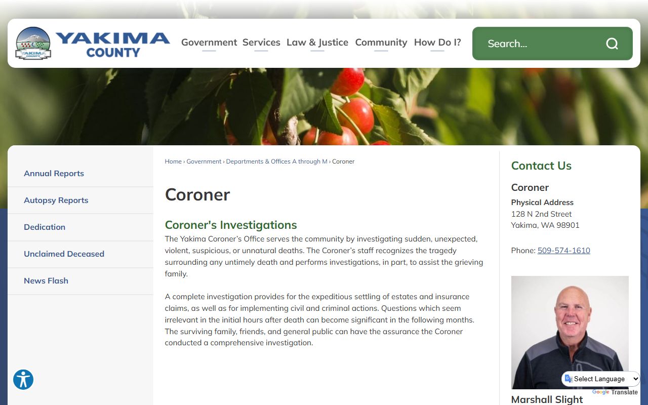 Yakima County Coroner's office website with death investigation records information