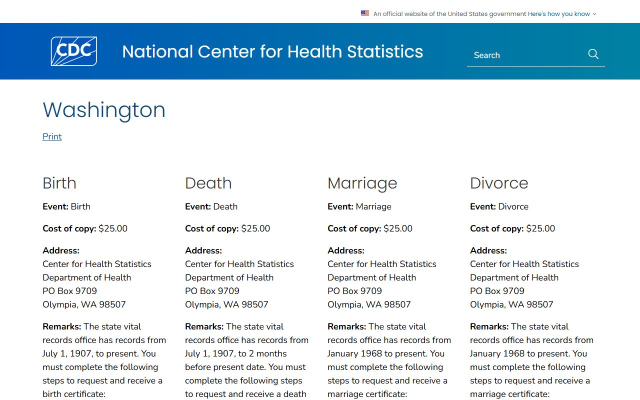 CDC Washington vital records reference page