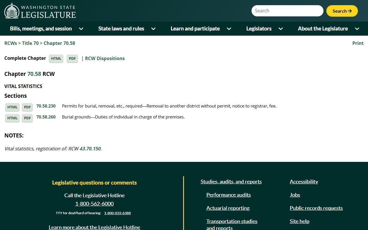 RCW Chapter 70.58 Vital Statistics Washington State law