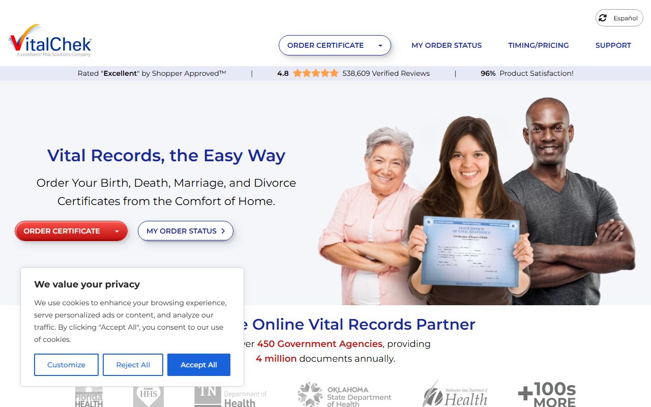 VitalChek online ordering portal for Washington death certificates