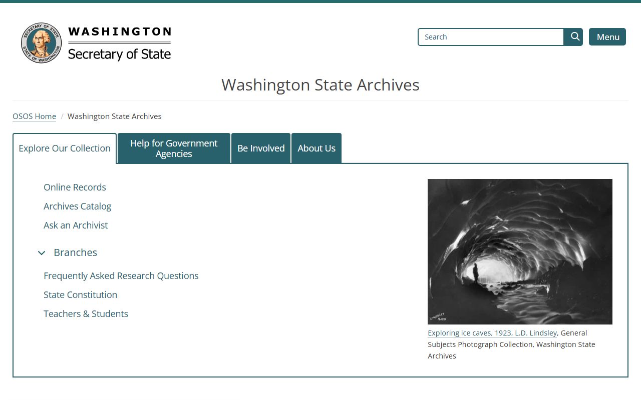 Washington State Archives website with historical death records collections